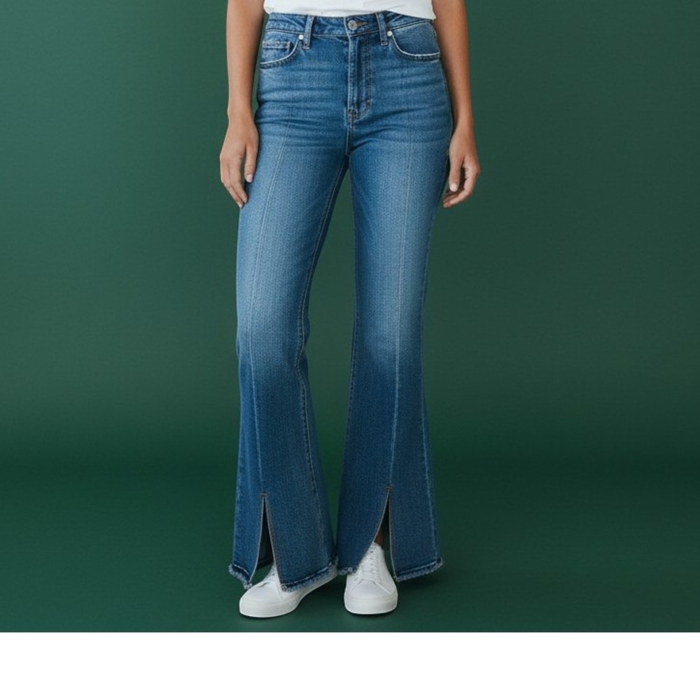 Risen Jeans Flare Denim Womens 9/29 High Rise Side Slit Raw Hem Blue Medium Wash